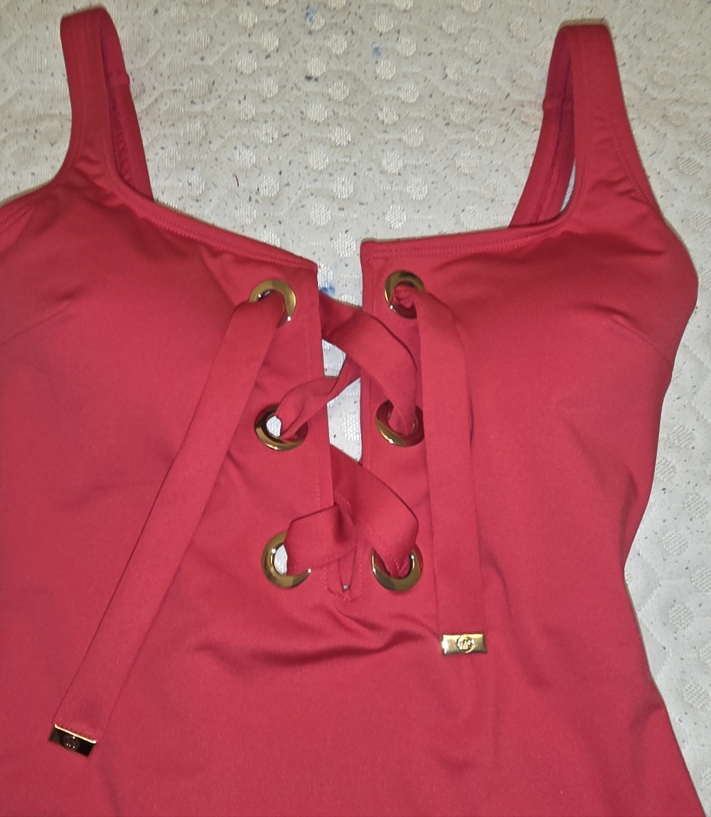 Michael Kors Red Lace-Up One-Piece Swimsuit with Gold Hardware